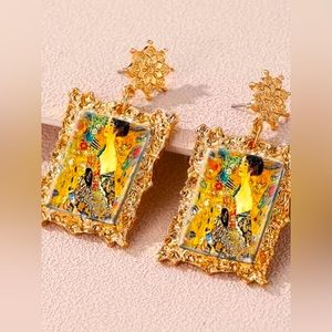 World Famous Oil Painting Vintage Golden Drop Earrings -Elegant Luxury Style